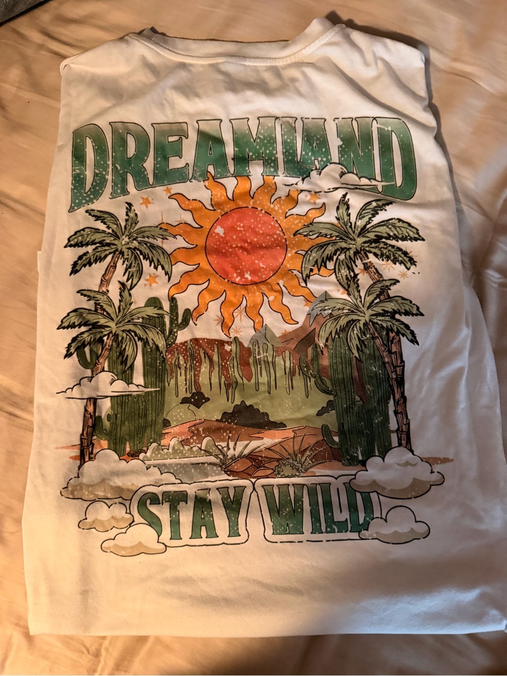 SHEIN White Graphic Tank Top with Orange Sun and Green Accents